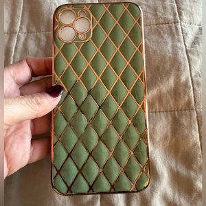 Iphone 11 pro max green quilt like phone with gold trim